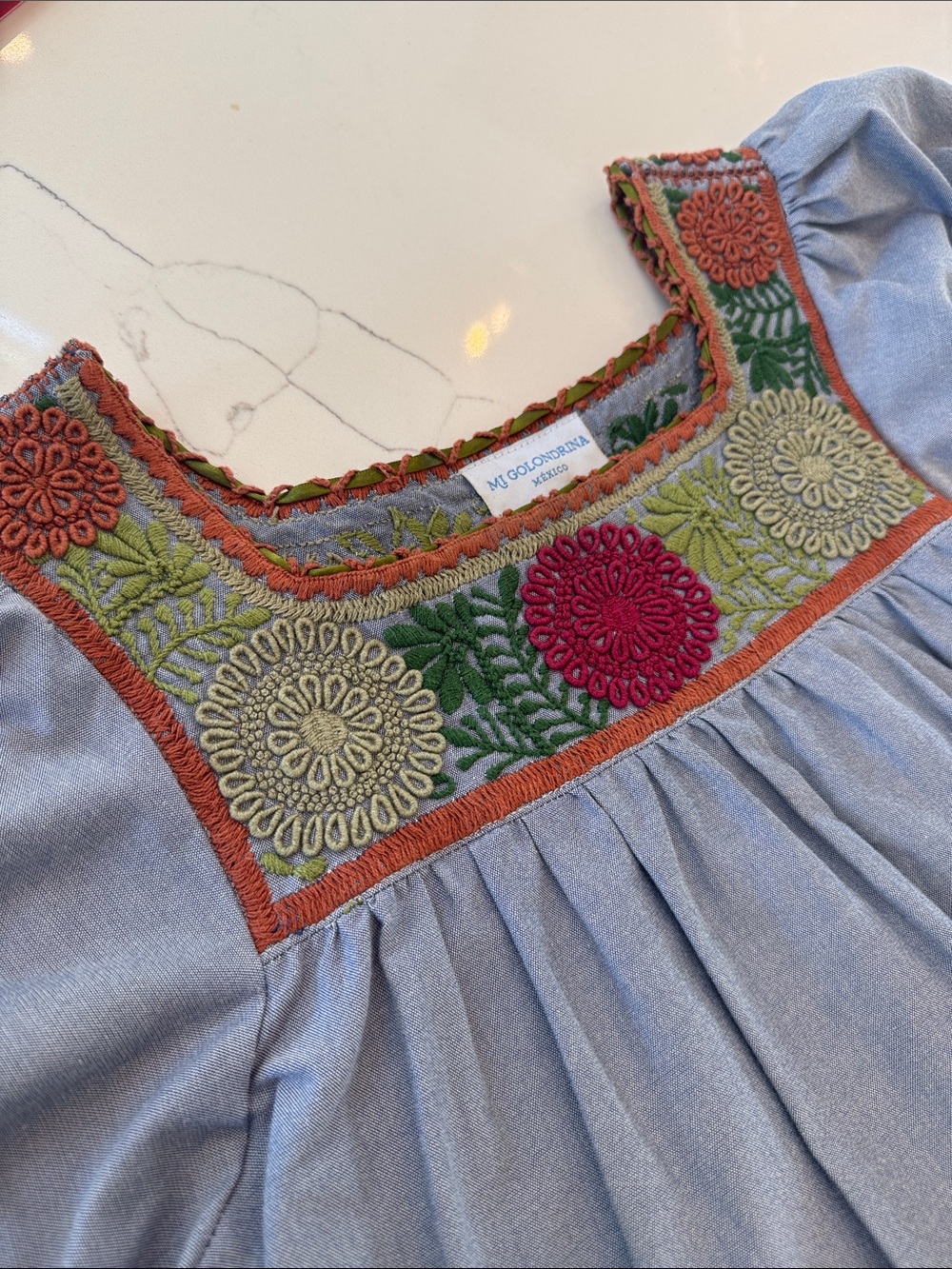 Mi Golondrina Sky Blue Dress with Multicolor Floral Embroidery